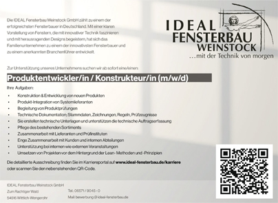 Stellenanzeige IDEAL Fensterbau Weinstock GmbH